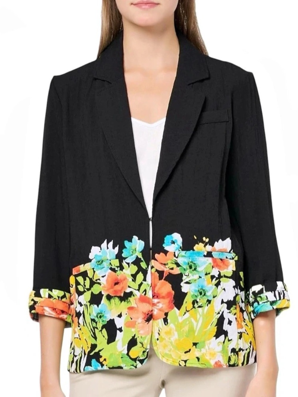 Multiples 3/4 Sleeve Blazer Collar Pockets Jacket Floral Black & Multicolor 2X